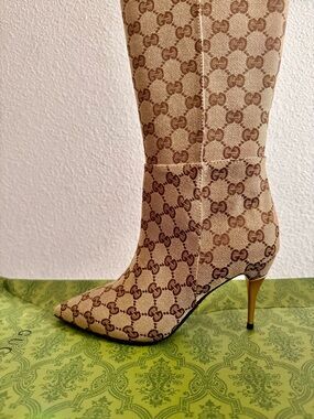Gucci Beige Monogram Knee Boot with Gold Stiletto Heel